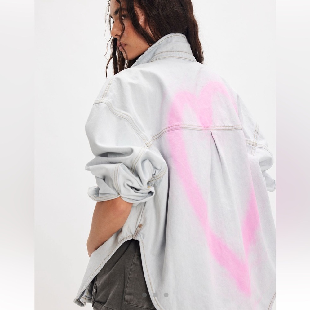 One Teaspoon Hand Sprayed Heart Denim Button Down Shirt